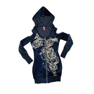 Y2K Apple Bottoms Velour Hoodie Dress Black Gold Studded Zip Medium Hip Ho